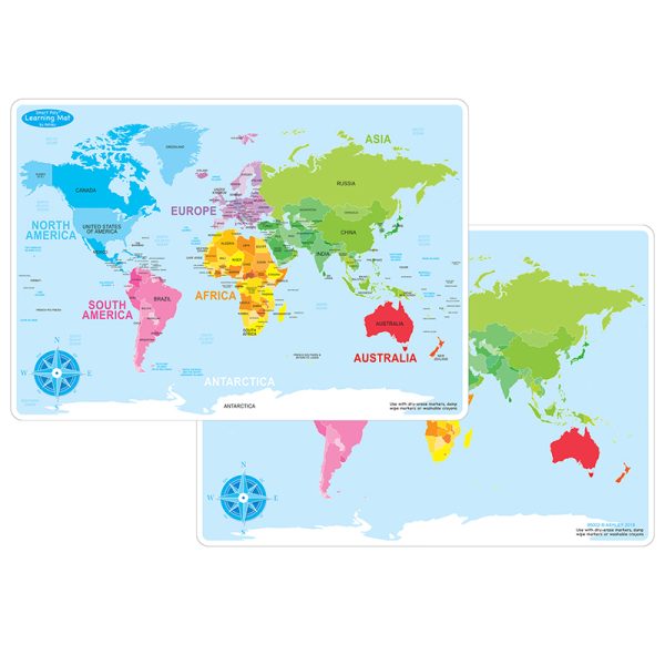 Smart Poly™ Learning Mat, 12" x 17", Double-Sided, World Basic Map