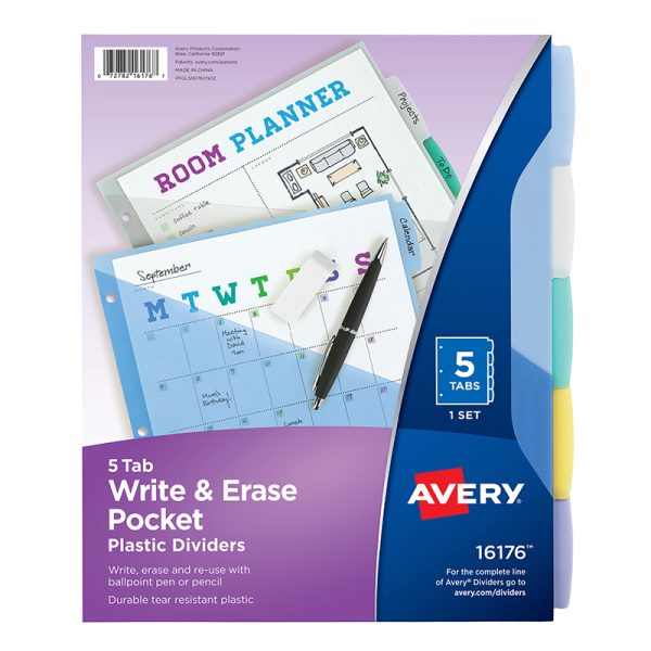 Write & Erase Durable Plastic Dividers with Pockets, 5-Tab Set, Multicolor