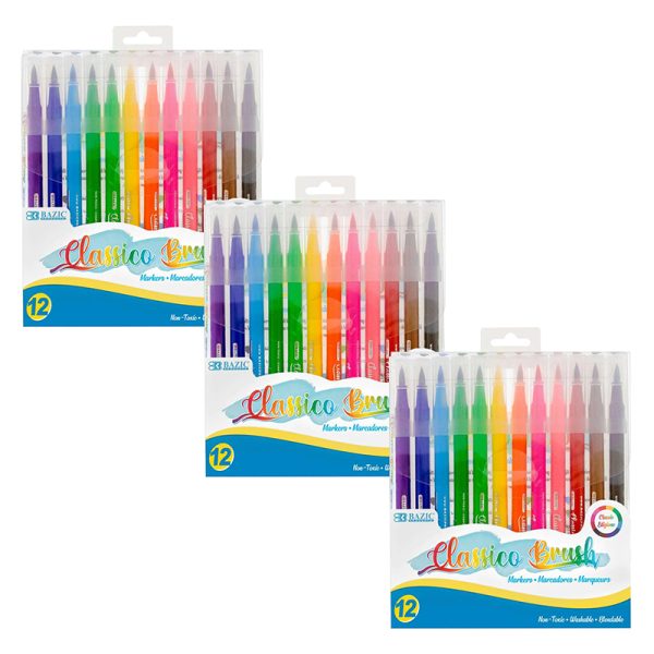 Washable Brush Markers, 12 Colors, 12 Per Pack, 3 Packs