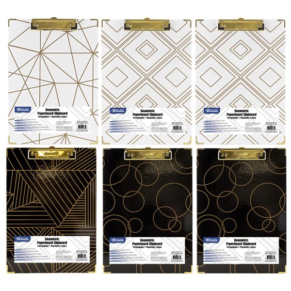 Paperboard Clipboard with Gold Low Profile Clip, Assorted Geometric Designs (No Design Choice), 12.9" x 9", Pack of 6