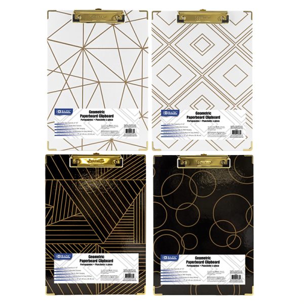 Paperboard Clipboard with Gold Low Profile Clip, Assorted Geometric Designs (No Design Choice), 12.9" x 9"