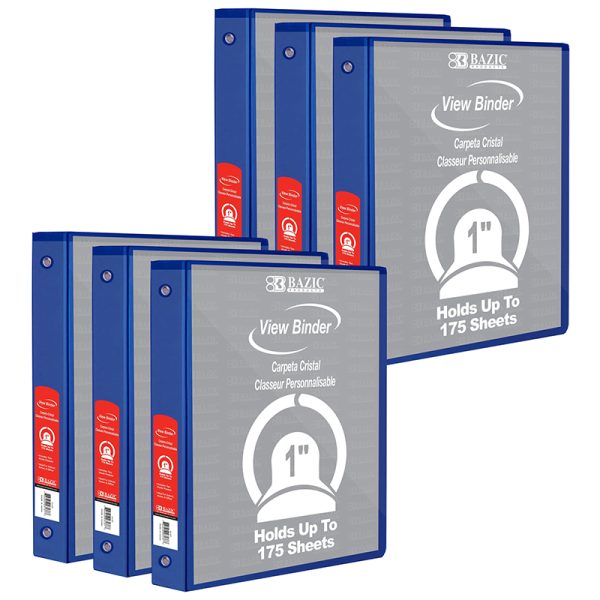 3-Ring View Binder with 2 Pockets, 1", Blue, Pack of 6