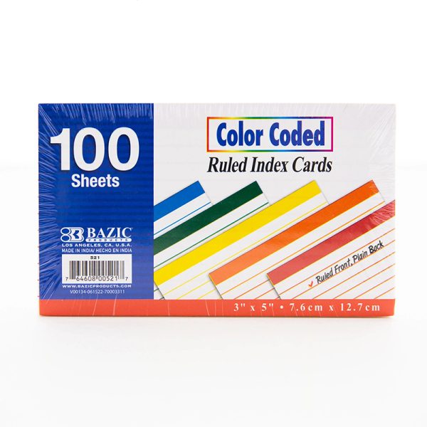 Ruled Color-Coded Index Cards, 3" x 5", 100 Ct