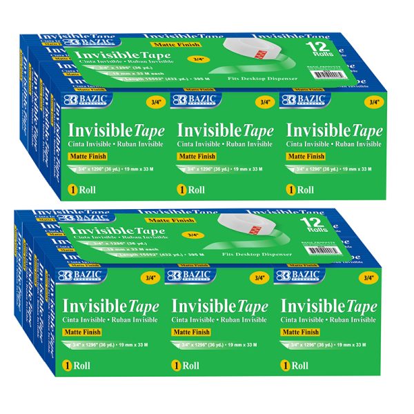 Tape Refill, Invisible Tape, 3/4" x 1000", 12 Rolls Per Pack, 2 Packs