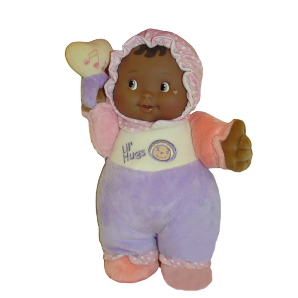 Lil' Hugs Baby's First Soft Doll, Vinyl Face, Pastel Outfits with Rattle, 12" African-American