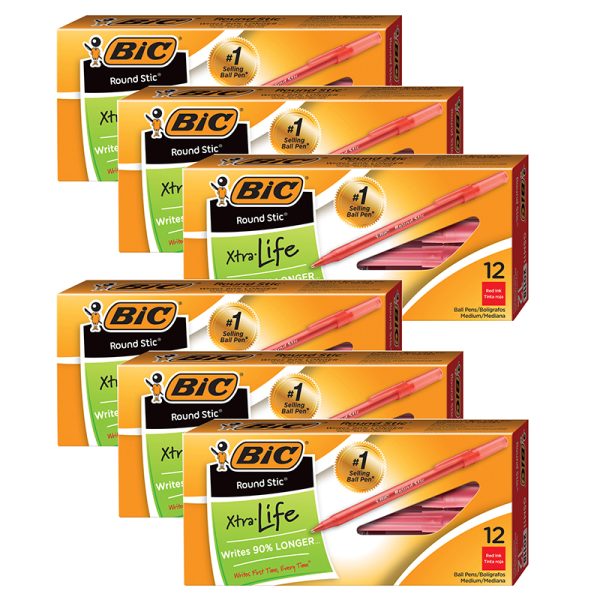 Round Stic® Pen, Medium Point, Red, 12 Per Pack, 6 Packs