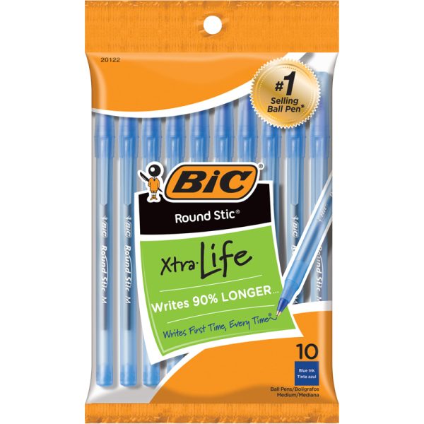 Round Stic® Xtra Life Ballpoint Pen, Medium Point (1.0mm), Blue, Pack of 10