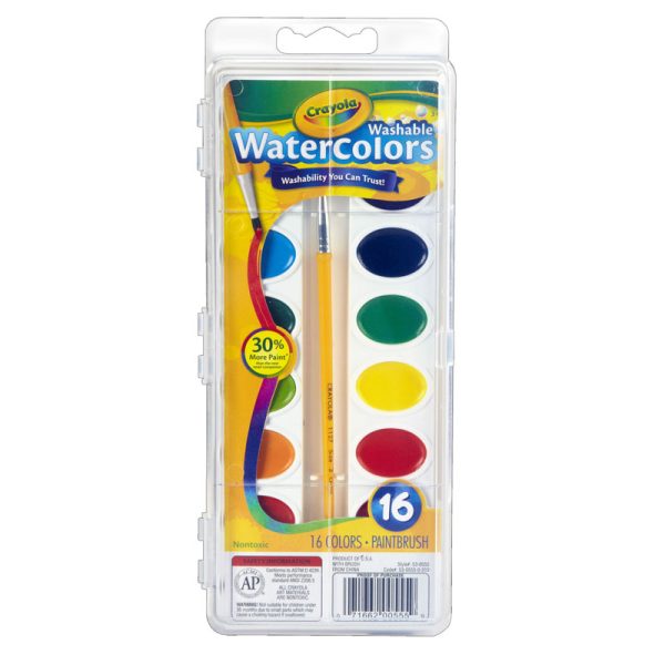 Washable Watercolors, 16 Semi-Moist Oval Pans & Brush