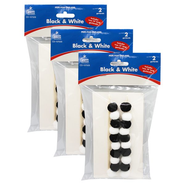 Black & White Pom-Pom Garland, 12 Feet, 2 Per Pack, 3 Packs