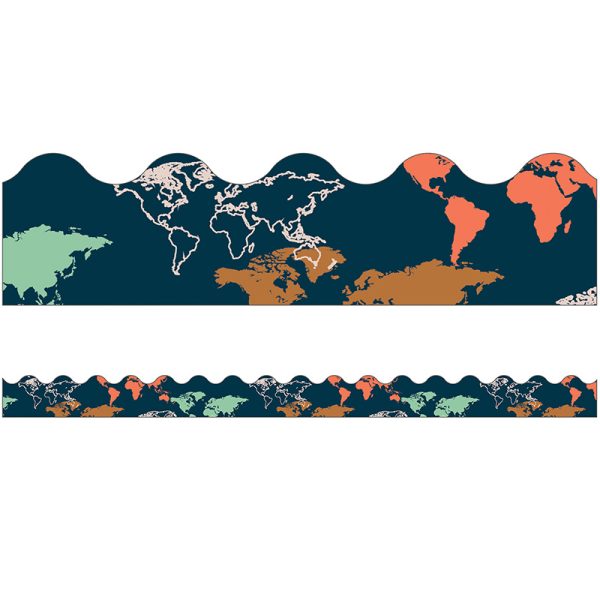 Let's Explore World Map Scalloped Border, 39 Feet