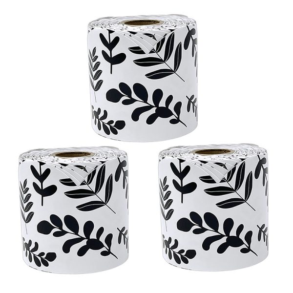 White with Black Leaves Rolled Scalloped Borders, 65 Feet Per Roll, Pack of 3