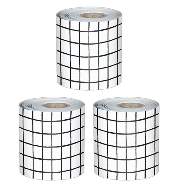 Happily Ever Elementary Creatively Inspired Black & White Grid Rolled Straight Bulletin Board Borders, 65 Feet Per Roll, Pack of 3