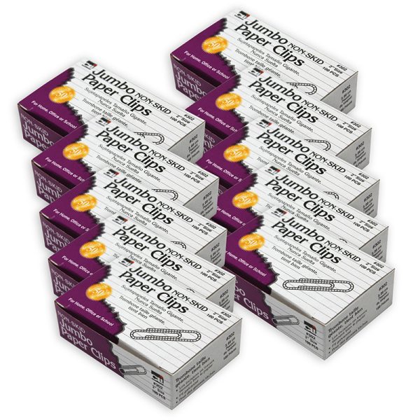 Paper Clips, Non-Skid, Jumbo, Silver, 100 Per Box, 10 Boxes