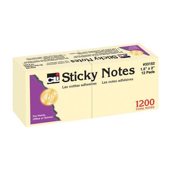 Sticky Notes, 1.5" x 2", Yellow, 100 Sheets/Pad, 12 Pads