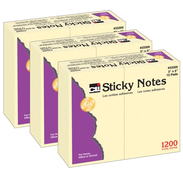 Sticky Note Pads, 3" x 5" Plain, 12 Per Pack, 3 Packs