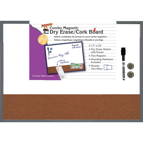 Magnetic Dry Erase Board with Cork Board, 17" x 23", w/Eraser/Marker and 2 Magnets, Gray Frame, 1 Each