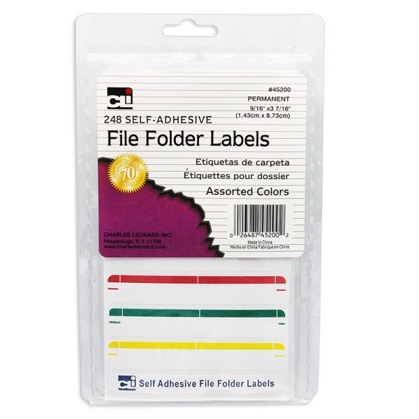 File Folder Labels, Self-Adhesive, 0.56 x 3.43 Inches, Assorted, 248-Count