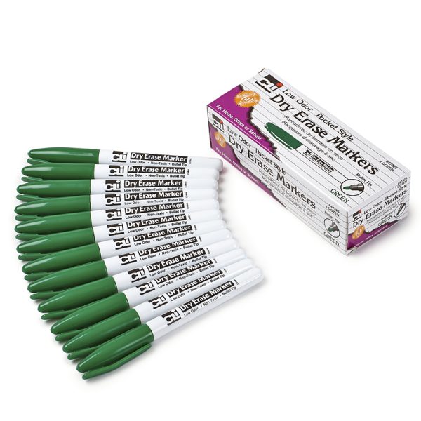 Dry Erase Markers, Pocket Style, Green, Bullet Tip, Pack of 12