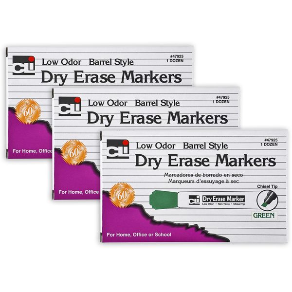 Dry Erase Markers, Barrel Style, Chisel Tip, Green, 12 Per Box, 3 Boxes