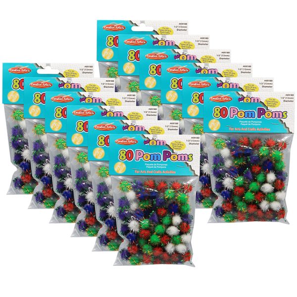 Pom-Poms 1/2", Assorted Glitter Colors, 80 Per Pack, 12 Packs