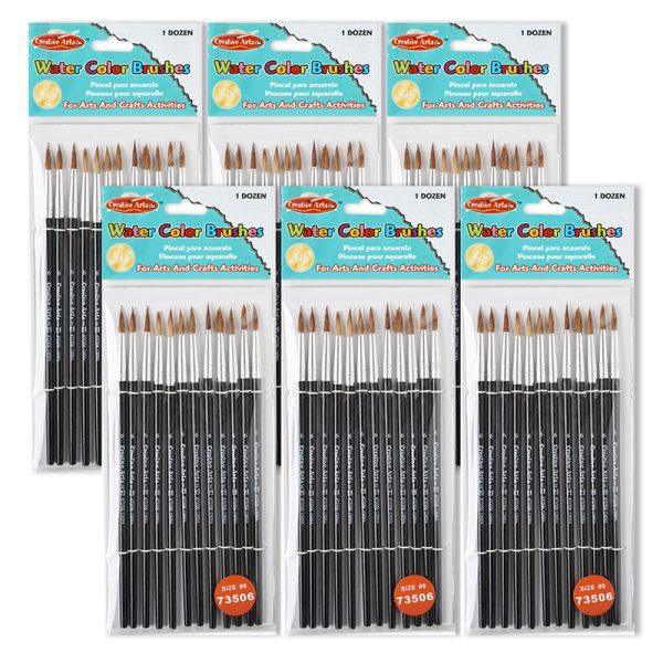 Water Color Paint Brushes with Round Pointed Tip, # 6, 11/16", Camel Hair, Black Handle, 12 Per Pack, 6 Packs