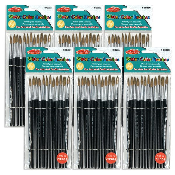 Water Color Paint Brushes with Round Pointed Tip, # 8, 0.81 Inch, Camel Hair, Black Handle, 12 Per Pack, 6 Packs