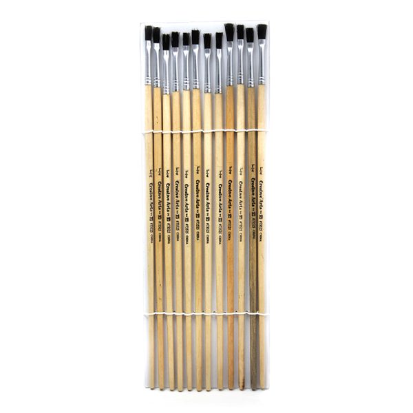 Flat Tip Easel Paint Brushes with Long Handle, 0.25 Inch, Natural Handles and Black Bristles, 12/Pack