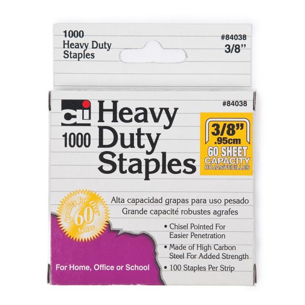 Staples, Heavy Duty, 3/8" Leg Length, Carbon Steel, Silver, Box of 1000