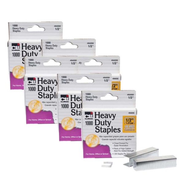 Heavy Duty Staples, 1/2 Inch Leg Length, Carbon Steel, Silver, 1000 Per Pack, 6 Packs