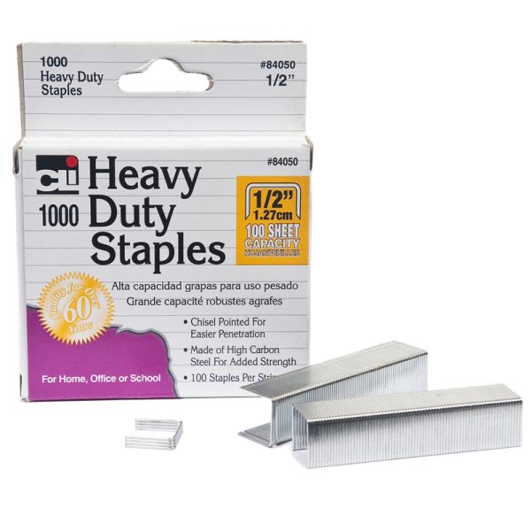 Heavy Duty Staples, 1/2 Inch Leg Length, Carbon Steel, Silver, 1000/Box