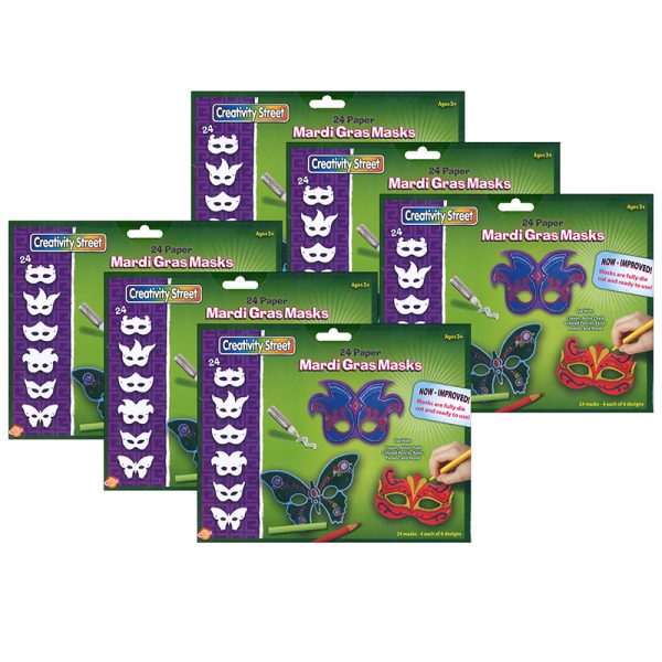 Die-Cut Paper Masks, Mardi Gras Assortment, Assorted Sizes, 24 Pieces Per Pack, 6 Packs