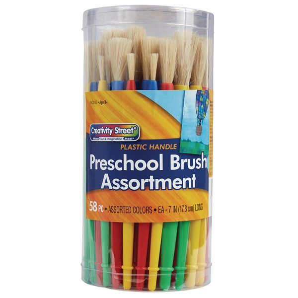 Plastic Handle Brush Classroom Packs, Preschool Brush Assortment, 7" Long, 58 Brushes