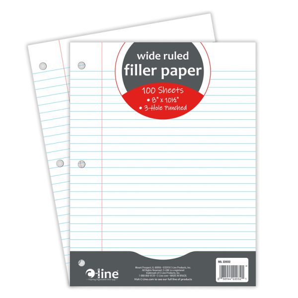 Filler Paper, Wide Ruled, 8" x 10-1/2", White, 100 Sheets