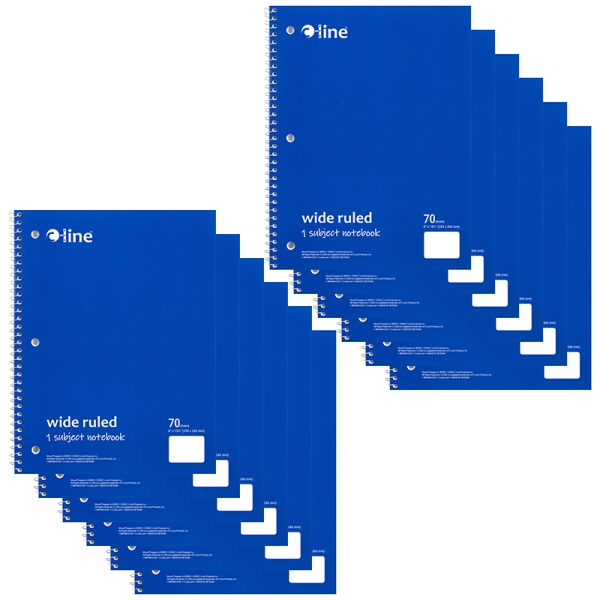 1-Subject Notebook, 70 Page, Wide Ruled, Blue, Pack of 12