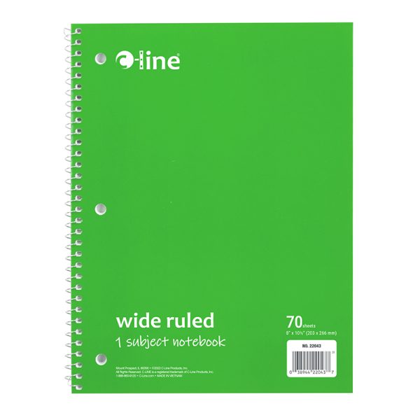 1-Subject Notebook, 70 Page, Wide Ruled, Green