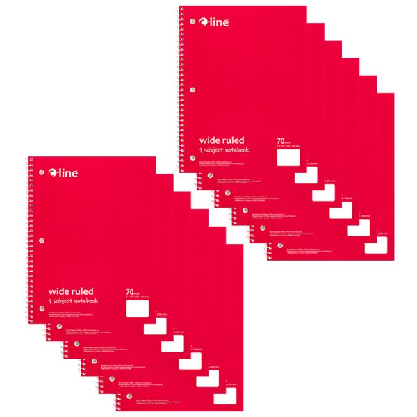 1-Subject Notebook, 70 Page, Wide Ruled, Red, Pack of 12