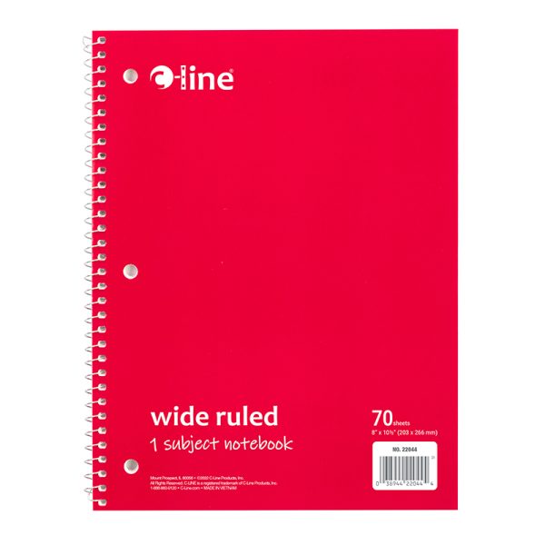 1-Subject Notebook, 70 Page, Wide Ruled, Red