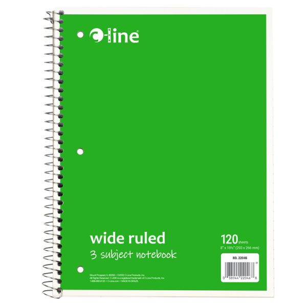 3-Subject Notebook, Wide Ruled, 120 Sheets, Assorted Colors