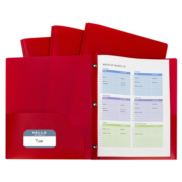 Two-Pocket Heavyweight Poly Portfolio Folder with Prongs, Red, Pack of 10