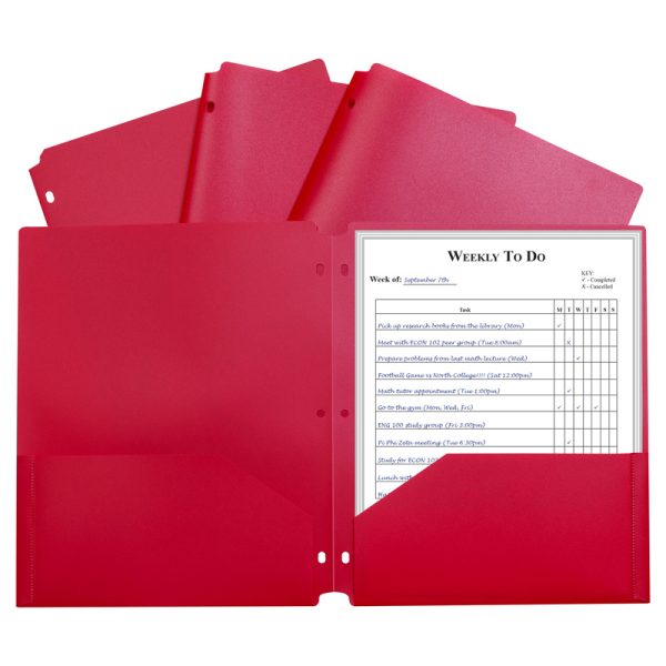 Two-Pocket Heavyweight Poly Portfolio Folder with Three-Hole Punch, Red, Each