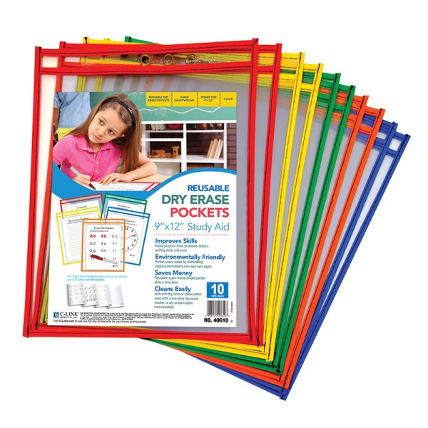 Reusable Dry Erase Pockets, Primary Colors, 9 x 12, Pack of 10