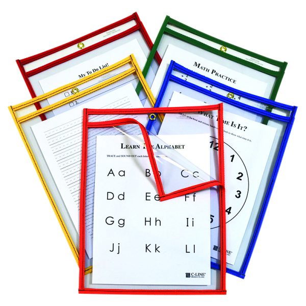 Super Heavyweight Plus Reusable Dry Erase Pockets - Study Aid, Assorted Primary Colors, 9 x 12, Box of 25