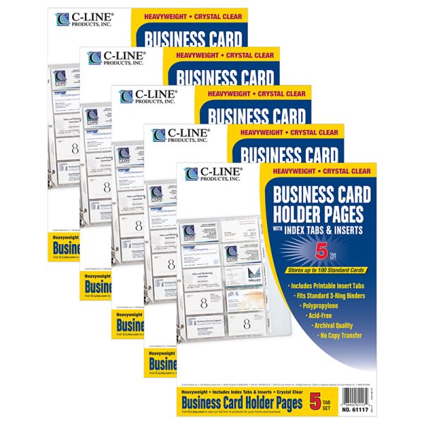 Business Card Holder, Poly with Tabs, Holds 20 Cards/Page, 11" x 8-1/2", 5 Per Pack, 5 Packs