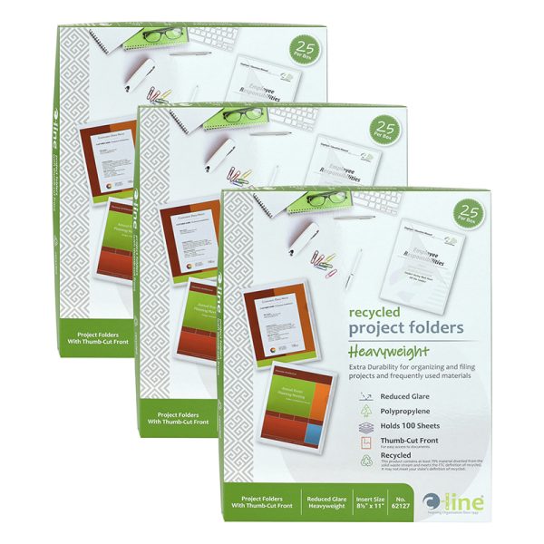 Recycled Poly Project Folders, Clear, Reduced Glare, 11" x 8-1/2", 25 Per Box, 3 Boxes