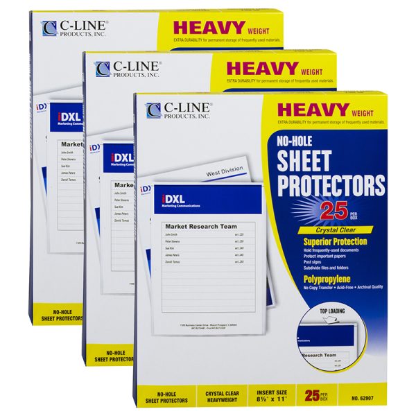 No-Hole Heavyweight Poly Sheet Protectors, Clear, Top Loading, 11" x 8-1/2", 25 Per Box, 3 Boxes