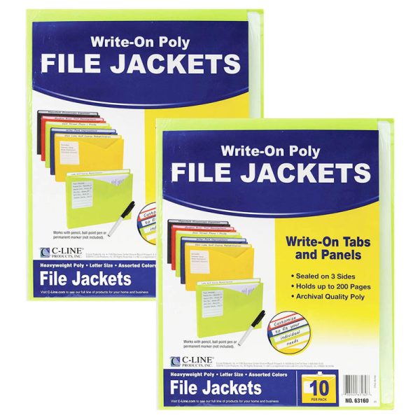 Write-On Poly File Jackets, Assorted Colors, 11" x 8-1/2", 10 Per Pack, 2 Packs