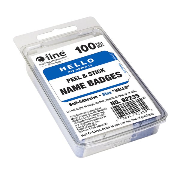 Pressure Sensitive Badges, Hello my name is, Blue, 3-1/2" x 2-1/4", Box of 100