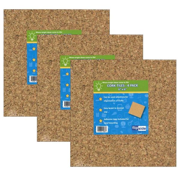 Natural Cork Tiles, 6" x 6", 4 Per Pack, 3 Packs