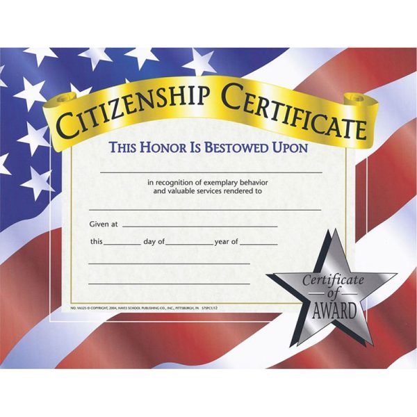 Citizenship Certificate, 8.5" x 11", Pack of 30