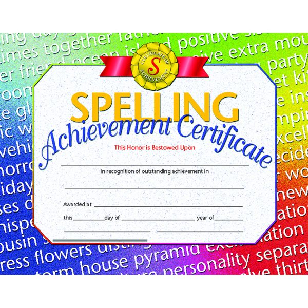 Spelling Achievement Certificate, 8.5" x 11", Pack of 30